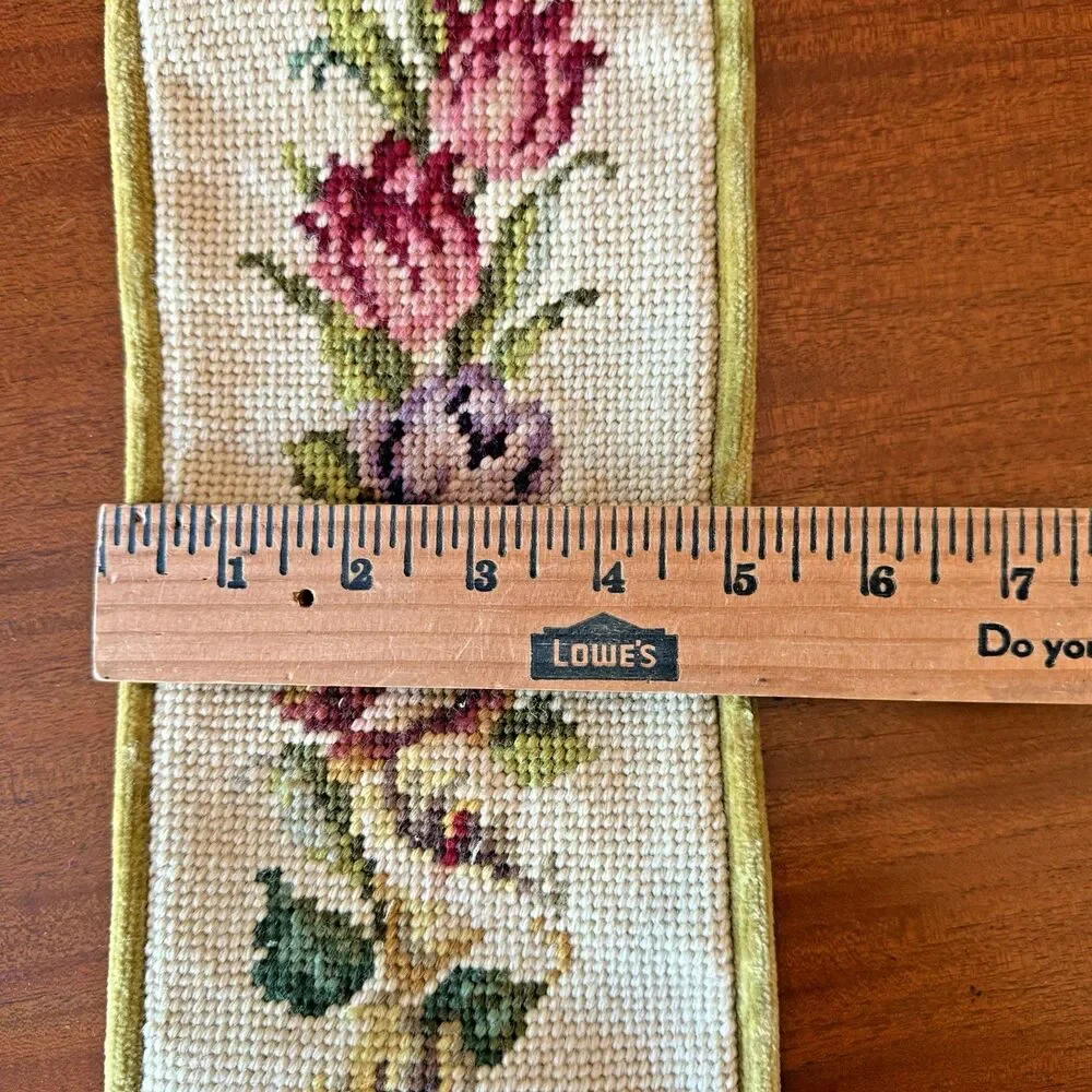 VTG Brass Bell Pull Roses Petit Point Embroidery 33.5